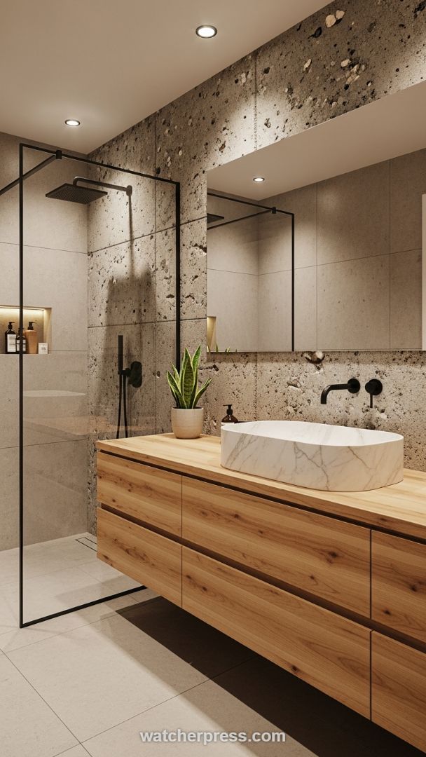 The Sculptural Marble Vessel Sink and Floating Oak Vanity