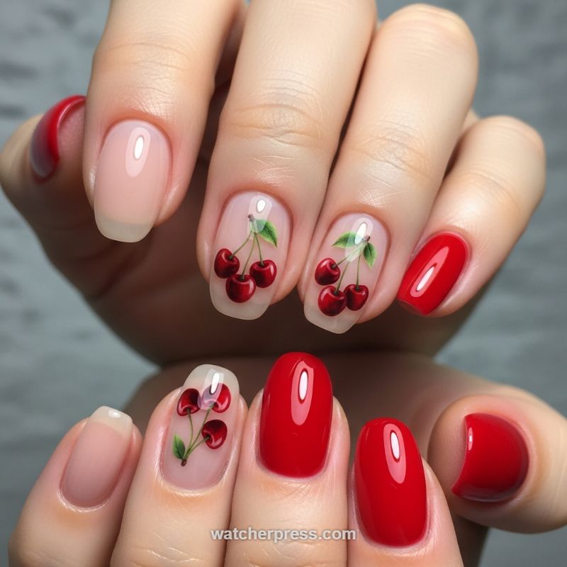 Vibrant Cherry Cluster Accent Manicure