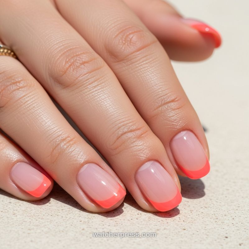 Vibrant Neon Coral French Manicure Revival
