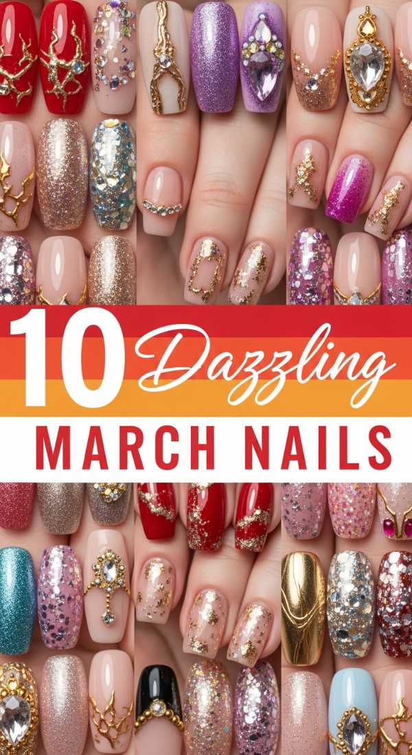 10 Dazzling March Nail Ideas with Sparkle & Gems