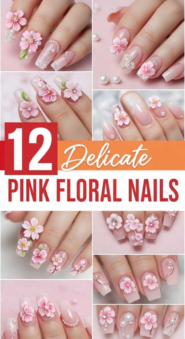 12 Delicate Pink Floral Nails