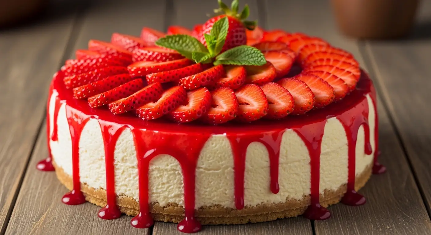 Fresh Strawberry Cheesecake with Berry Sauce