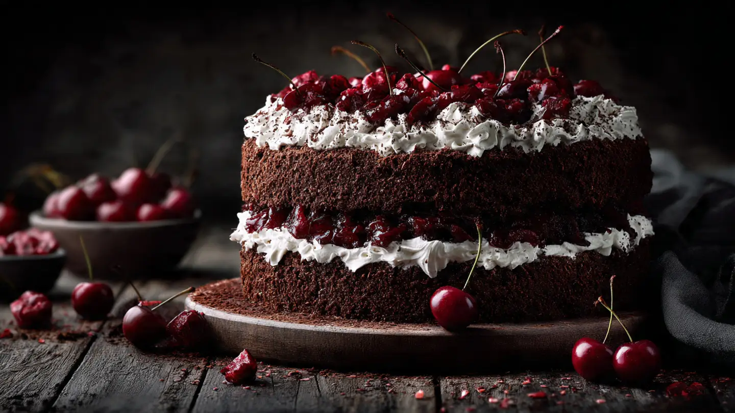 Decadent Black Forest Cake with Cherries and Whipped Cream