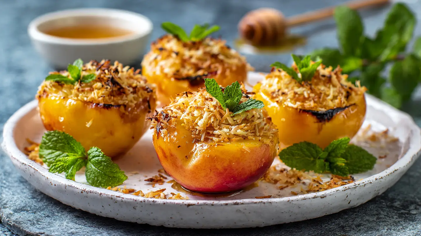 Healthy Baked Peach Halves with Toasted Coconut