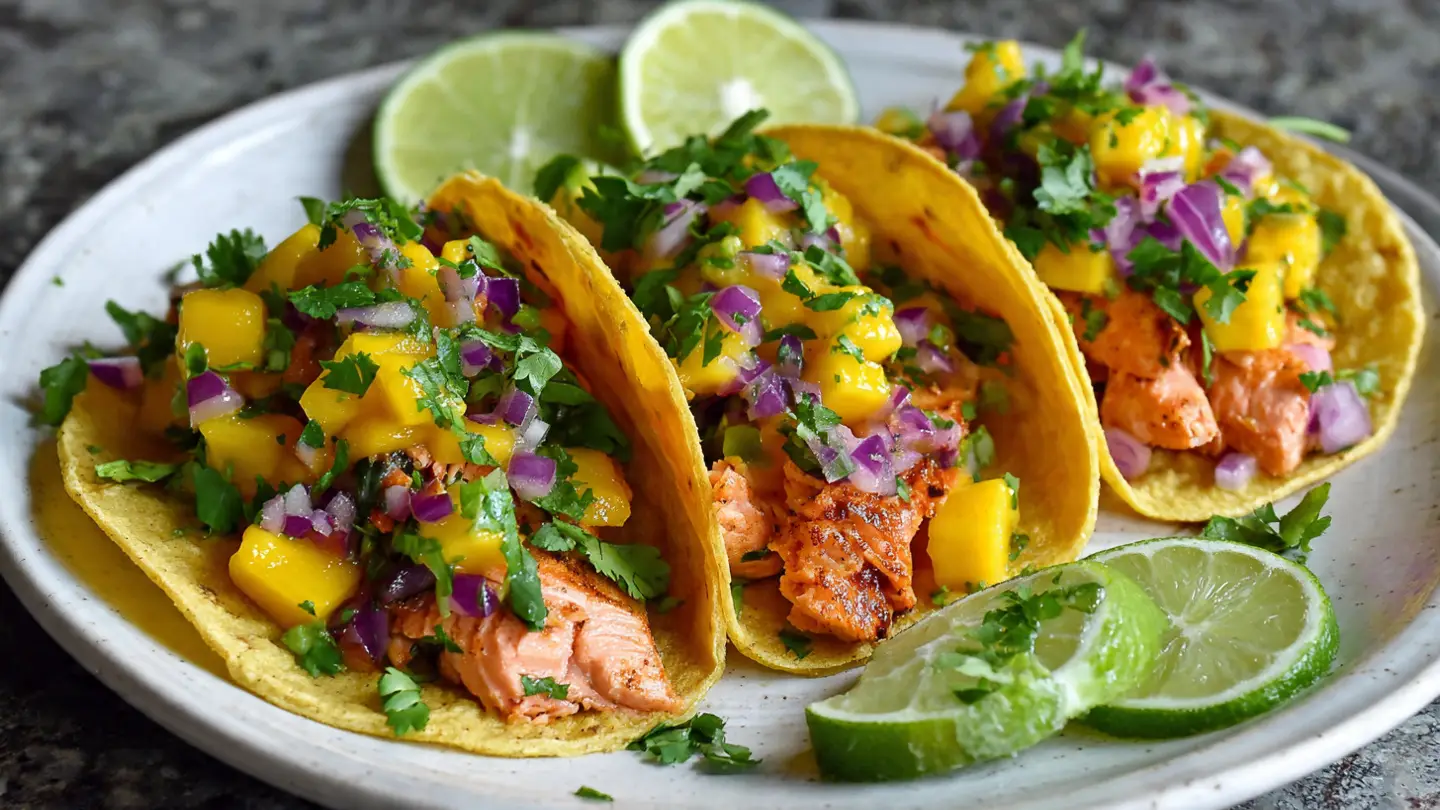 Healthy Salmon Tacos with Fresh Mango and Lime Salsa