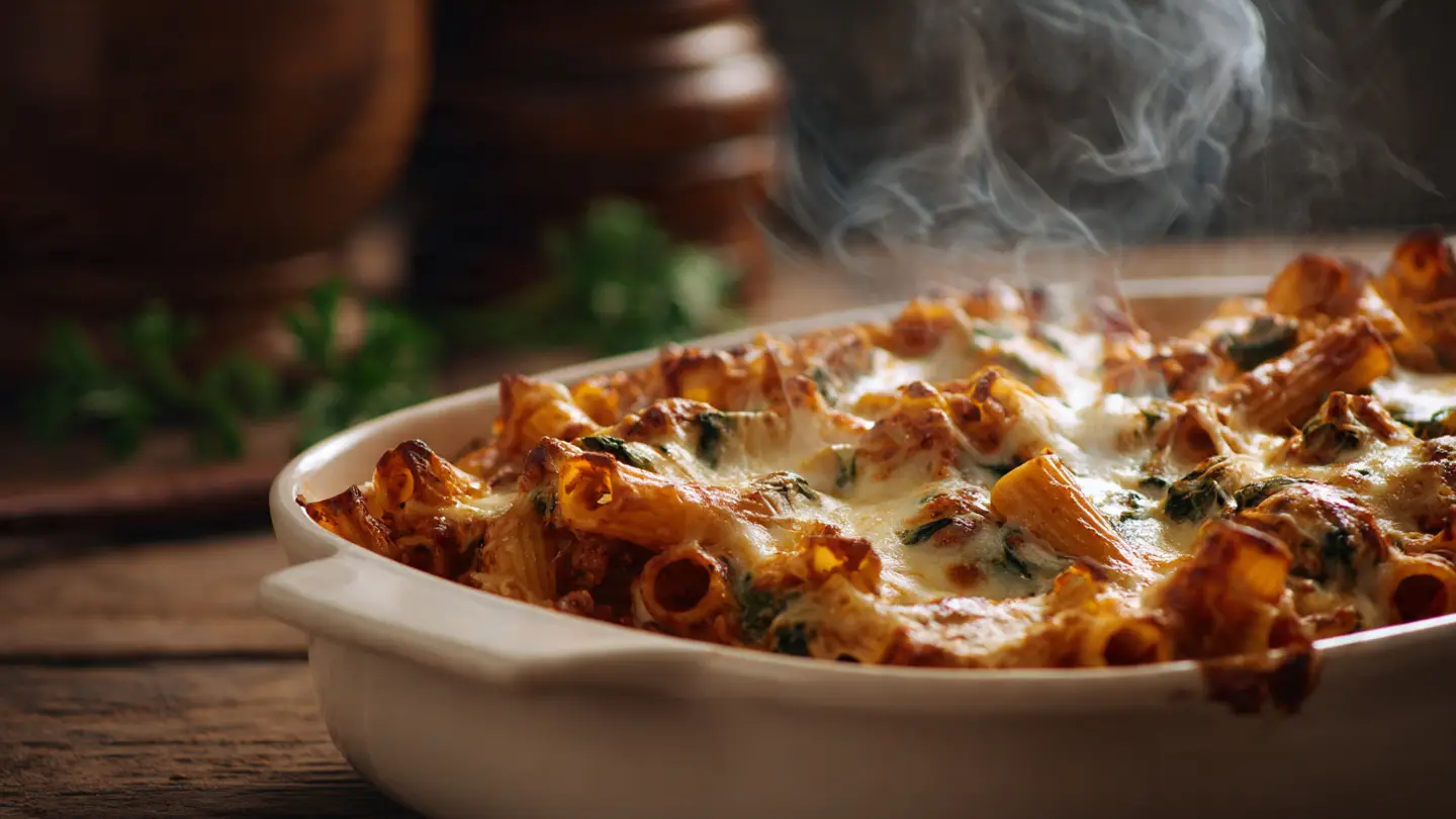 Savory Baked Ziti with Ricotta and Fresh Spinach
