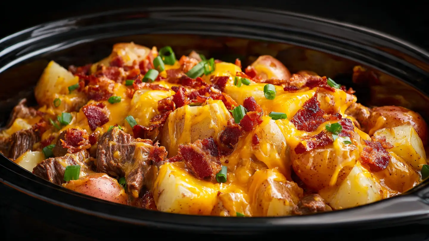 Crockpot Loaded Steak and Potato Bake Recipe
