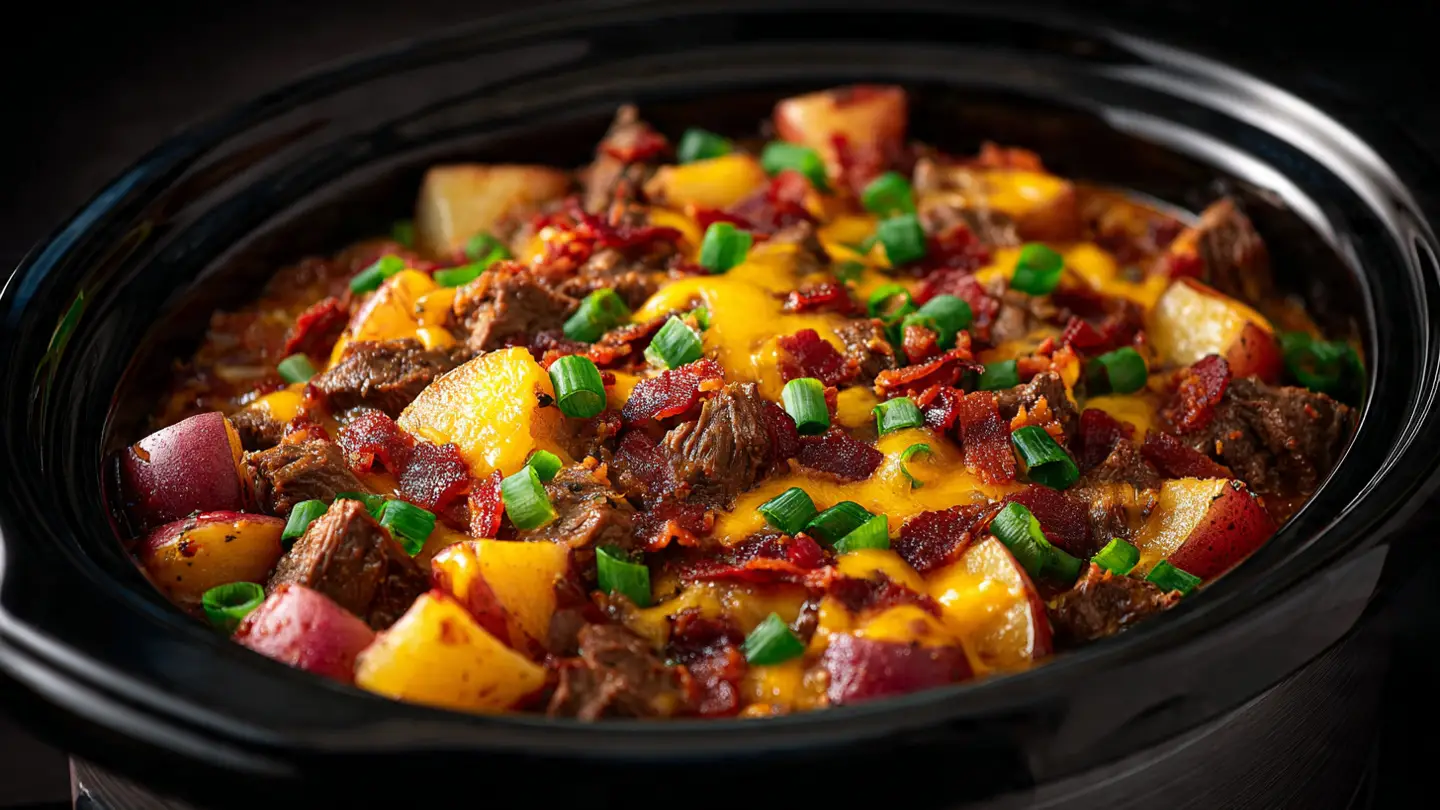 Crockpot Loaded Steak and Potato Bake Recipe