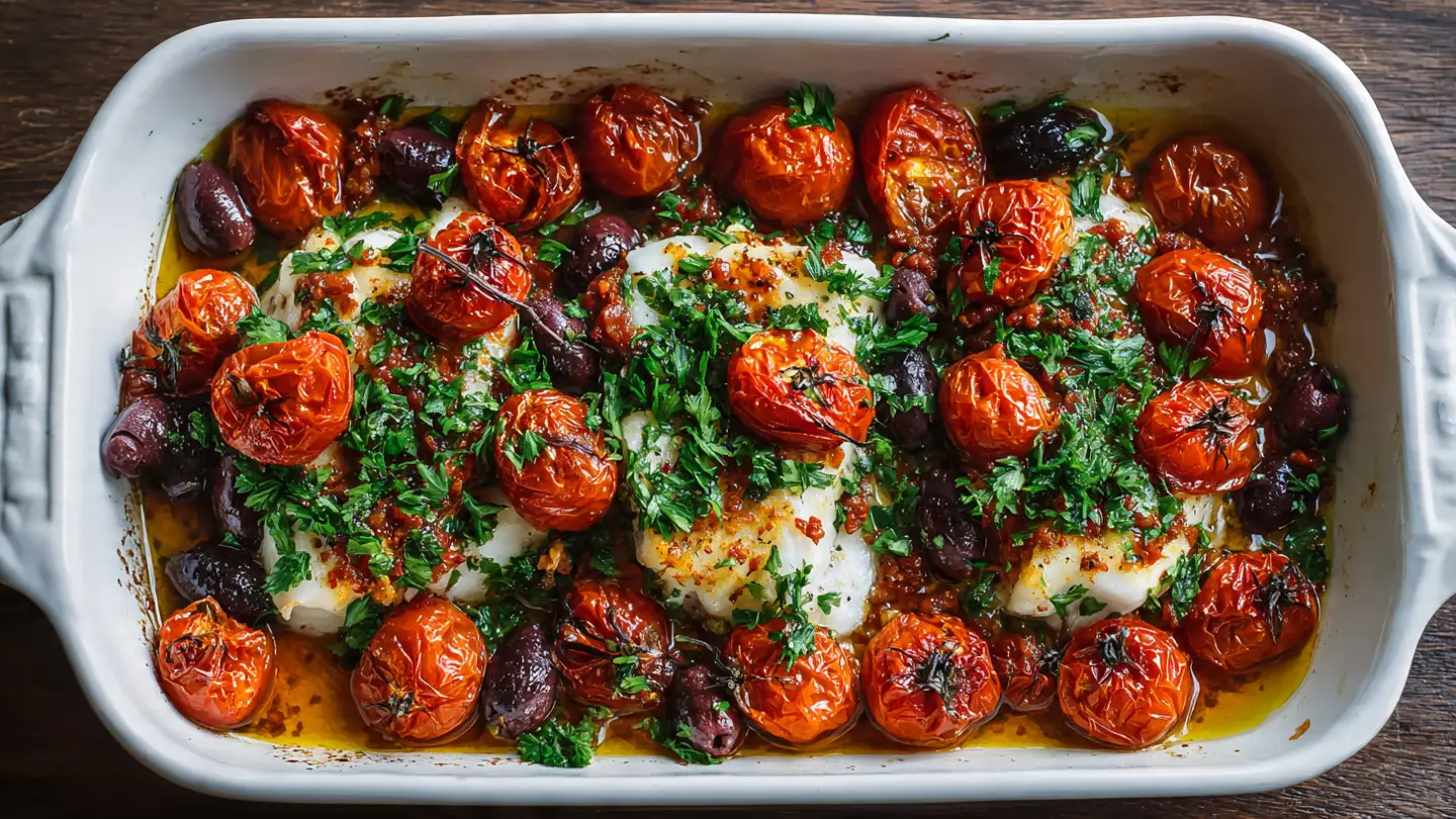 Healthy Mediterranean Baked Cod with Tomatoes and Olives