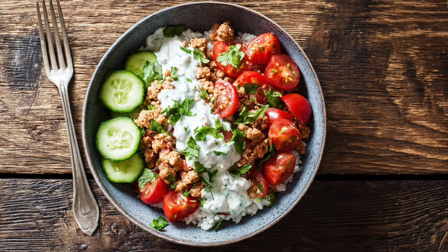 Healthy Greek Ground Turkey Rice Bowls with Homemade Tzatziki