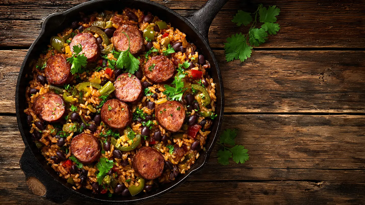 Healthy Black Bean and Rice Skillet with Smoked Sausage