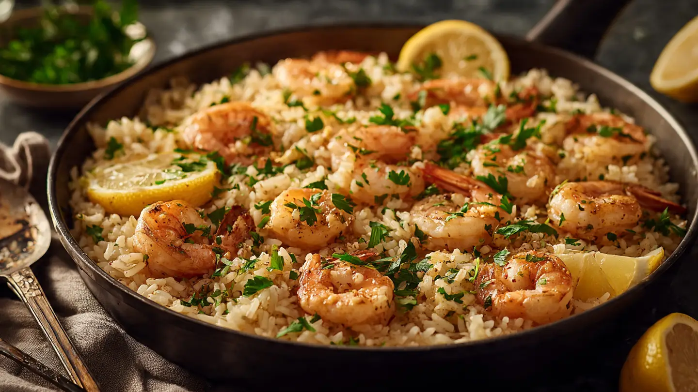 10 Minute Garlic Butter Shrimp and Rice Skillet