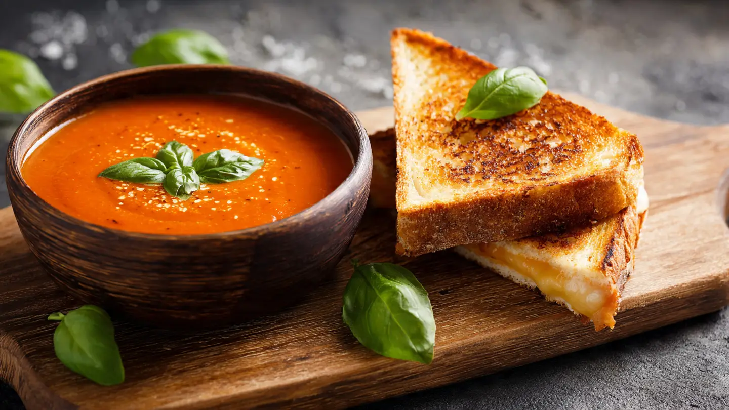 Best Ever Creamy Tomato Basil Soup with Gourmet Grilled Cheese