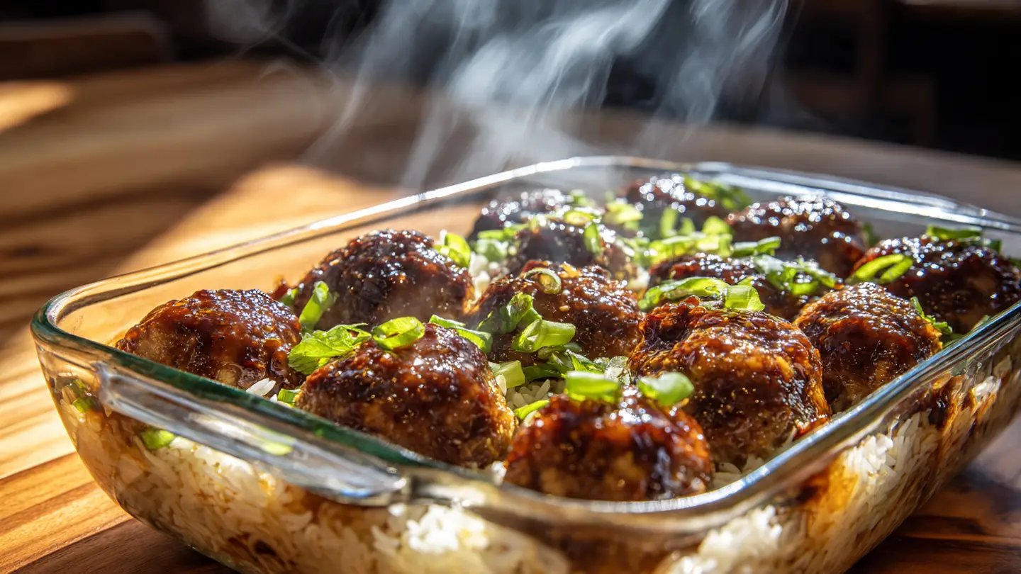 15 Minute Honey Garlic Meatball and Rice Bake