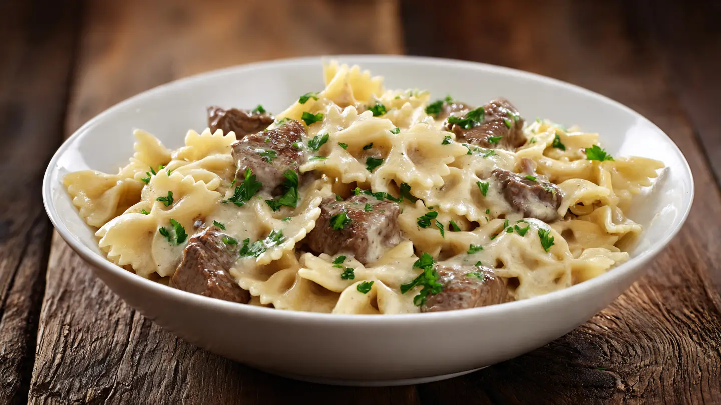 Beef and Bowtie Pasta with Alfredo Sauce